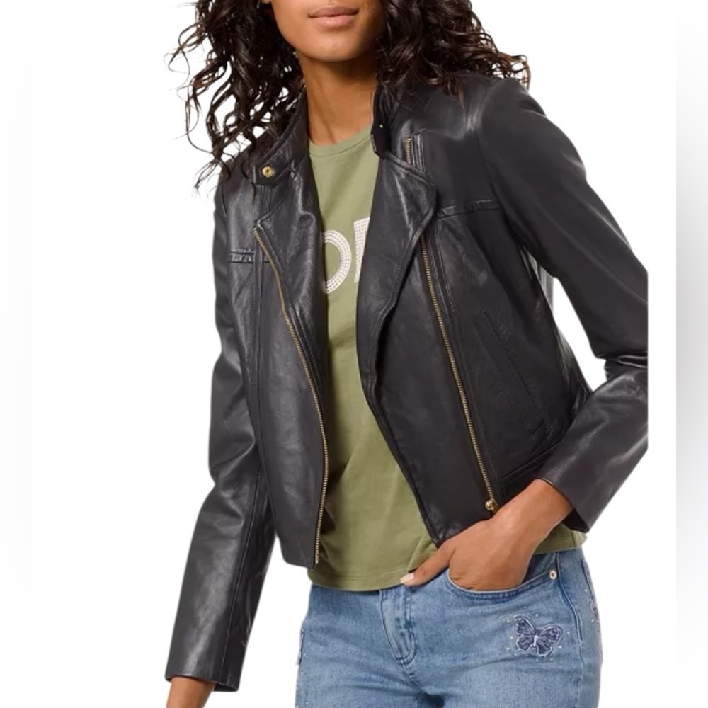 Michael Kors Black Leather Lambskin Moto Biker Jacket Gold Women’s M - Picture 7 of 15